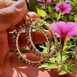 Hand-made Olive Green Semi-precious Zircon Hoop Earrings - Wire-wrapped